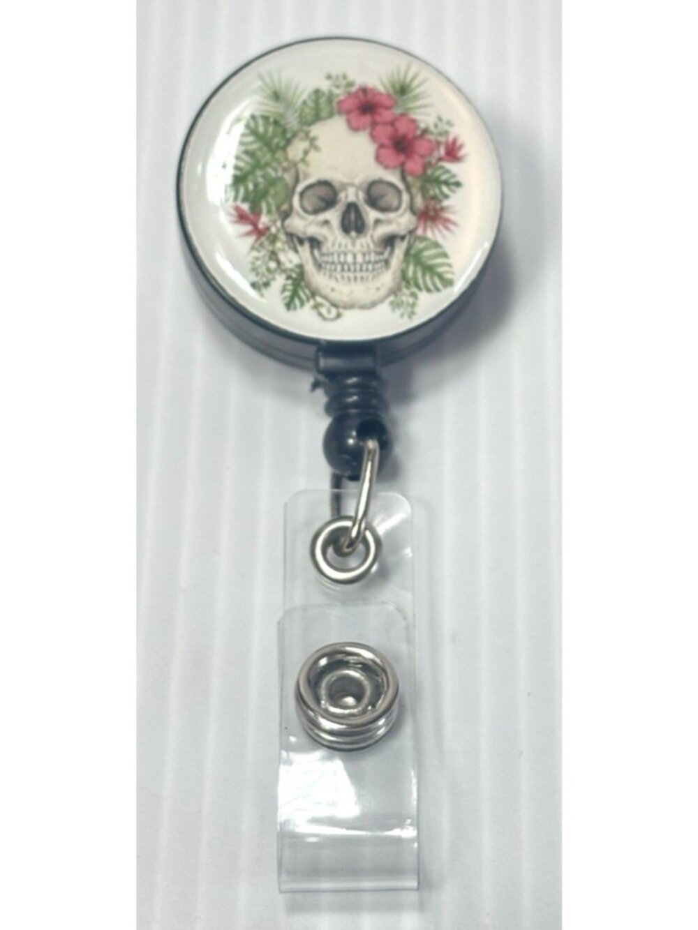 Skull Badge Reel Retractable ID Holder Floral Day of the Dead Nurse Office